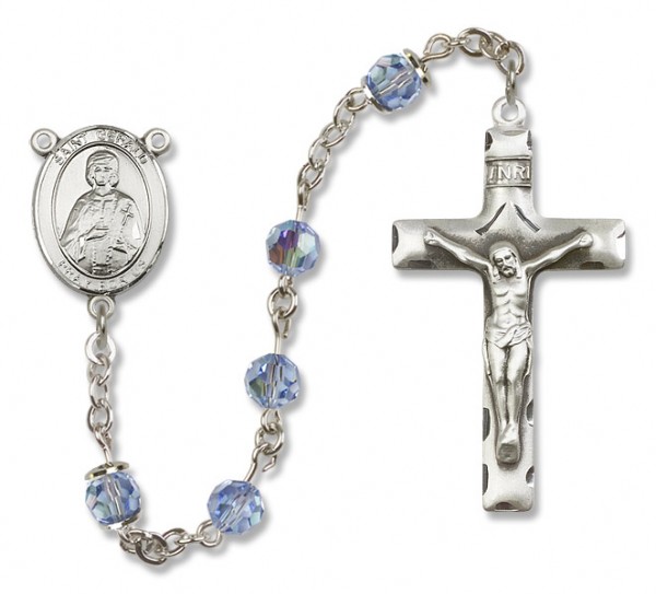 St. Gerard Sterling Silver Heirloom Rosary Squared Crucifix - Light Sapphire