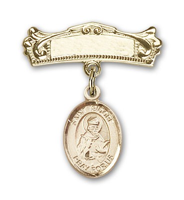 Pin Badge with St. Isidore of Seville Charm and Arched Polished Engravable Badge Pin - Gold Tone