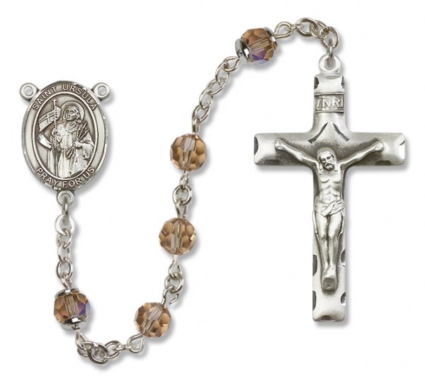 St. Ursula Sterling Silver Heirloom Rosary Squared Crucifix - Topaz