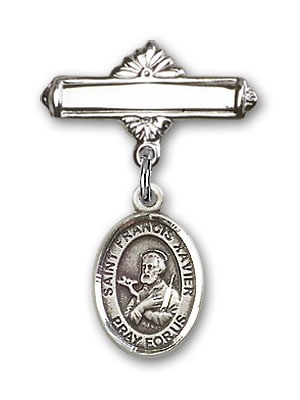 Pin Badge with St. Francis Xavier Charm and Polished Engravable Badge Pin - Silver tone