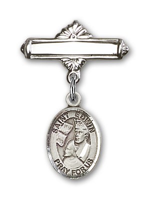 Pin Badge with St. Edwin Charm and Polished Engravable Badge Pin - Silver tone
