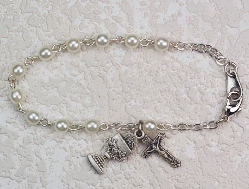 First Communion Bracelet with Glass Pearl Beads - Rhodium Plated