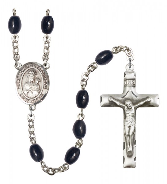Men's Our Lady of Czestochowa Silver Plated Rosary - Black Oval