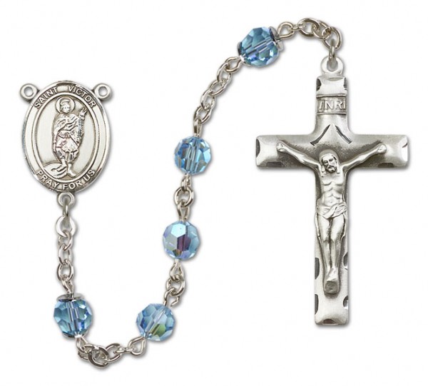 St. Victor of Marseilles Sterling Silver Heirloom Rosary Squared Crucifix - Aqua