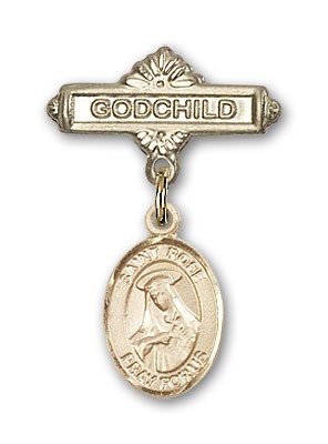 Pin Badge with St. Rose of Lima Charm and Godchild Badge Pin - Gold Tone
