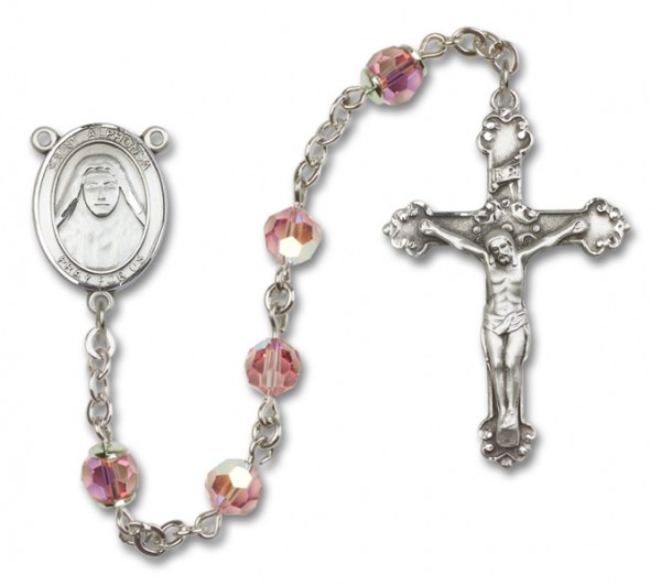St. Alphonsa Sterling Silver Heirloom Rosary Fancy Crucifix - Light Rose