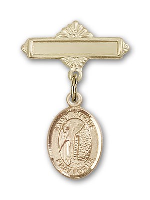 Pin Badge with St. Fiacre Charm and Polished Engravable Badge Pin - 14K Solid Gold