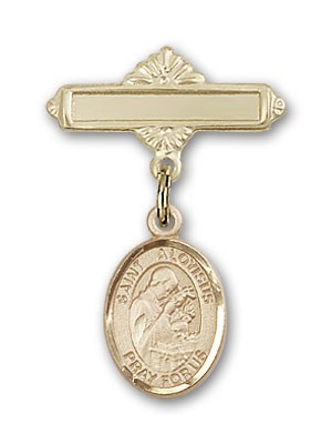 Pin Badge with St. Aloysius Gonzaga Charm and Polished Engravable Badge Pin - 14K Solid Gold