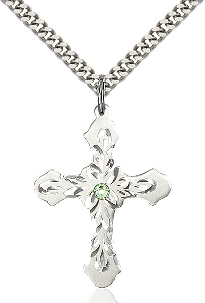 Floral and Petal Cross Pendant with Birthstone Options - Peridot