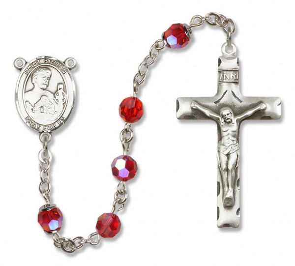 St. Kieran Sterling Silver Heirloom Rosary Squared Crucifix - Ruby Red