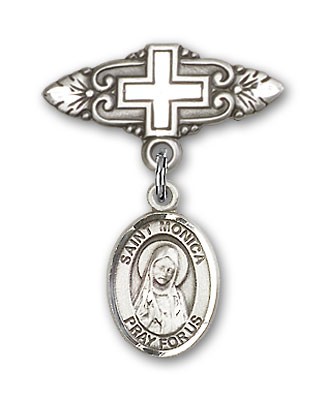 Pin Badge with St. Monica Charm and Badge Pin with Cross - Silver tone