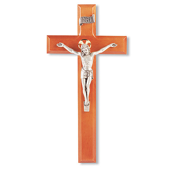 Classic Beveled Edge Natural Cherry Wall Crucifix - 11 inch - Brown