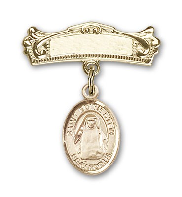 Pin Badge with St. Edith Stein Charm and Arched Polished Engravable Badge Pin - Gold Tone