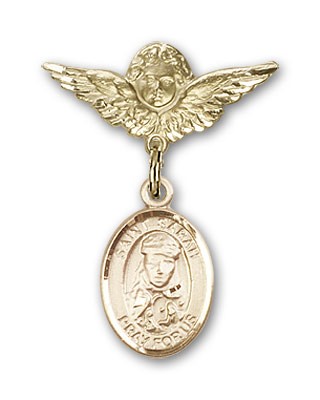 Pin Badge with St. Sarah Charm and Angel with Smaller Wings Badge Pin - 14K Solid Gold