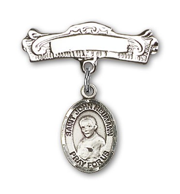 Pin Badge with St. John Neumann Charm and Arched Polished Engravable Badge Pin - Silver tone