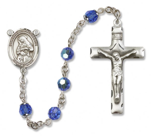 Our Lady of Providence Sterling Silver Heirloom Rosary Squared Crucifix - Sapphire