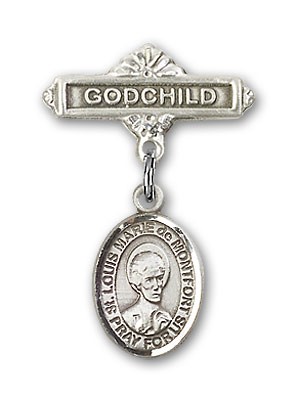 Pin Badge with St. Louis Marie de Montfort Charm and Godchild Badge Pin - Silver tone