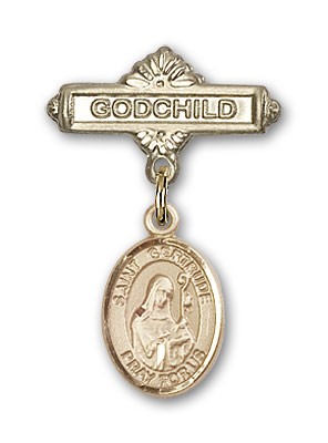Pin Badge with St. Gertrude of Nivelles Charm and Godchild Badge Pin - Gold Tone