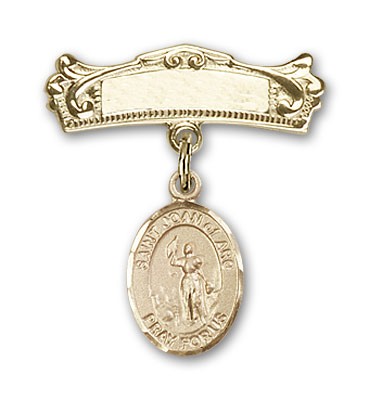 Pin Badge with St. Joan of Arc Charm and Arched Polished Engravable Badge Pin - Gold Tone