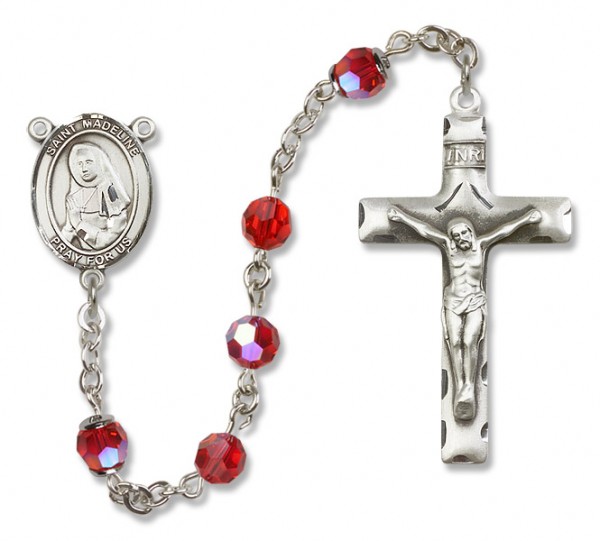 St. Madeline Sophie Barat Sterling Silver Heirloom Rosary Squared Crucifix - Ruby Red