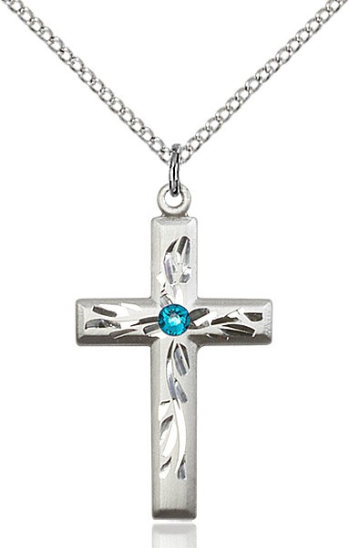 Squared Edge Cross with Vine Etching with Birthstone Options - Zircon