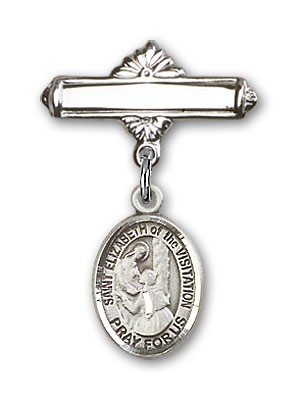 Pin Badge with St. Elizabeth of the Visitation Charm and Polished Engravable Badge Pin - Silver tone