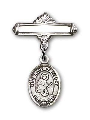 Pin Badge with Our Lady of Mercy Charm and Polished Engravable Badge Pin - Silver tone
