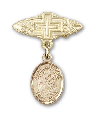 Pin Badge with St. Aloysius Gonzaga Charm and Badge Pin with Cross - 14K Solid Gold