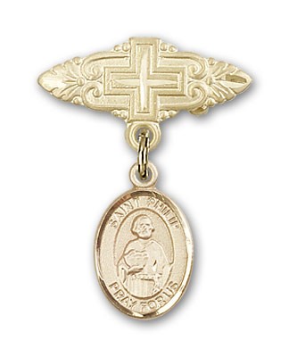 Pin Badge with St. Philip the Apostle Charm and Badge Pin with Cross - 14K Solid Gold