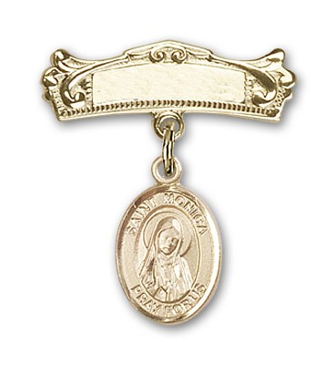 Pin Badge with St. Monica Charm and Arched Polished Engravable Badge Pin - Gold Tone