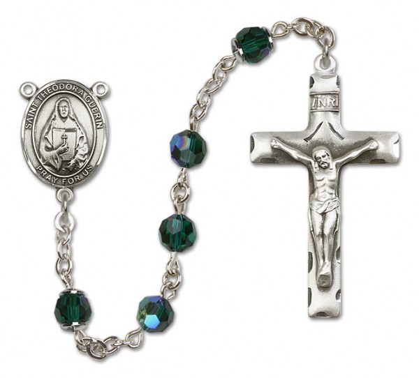 St. Theodora Guerin Sterling Silver Heirloom Rosary Squared Crucifix - Emerald Green