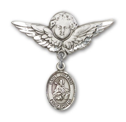 Pin Badge with St. William of Rochester Charm and Angel with Larger Wings Badge Pin - Silver tone