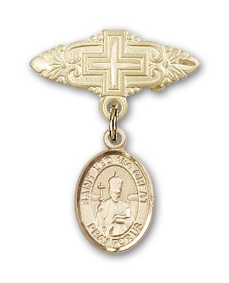 Pin Badge with St. Leo the Great Charm and Badge Pin with Cross - Gold Tone