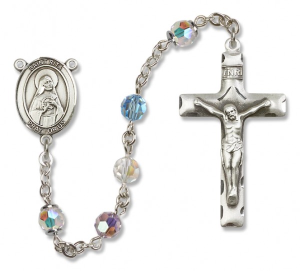 St. Rita of Cascia Sterling Silver Heirloom Rosary Squared Crucifix - Multi-Color