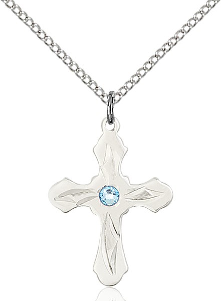 Youth Cross Pendant with Pointed Etching Birthstone Options - Aqua