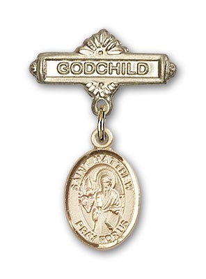 Pin Badge with St. Matthew the Apostle Charm and Godchild Badge Pin - Gold Tone