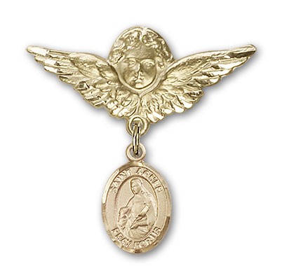 Pin Badge with St. Agnes of Rome Charm and Angel with Larger Wings Badge Pin - Gold Tone
