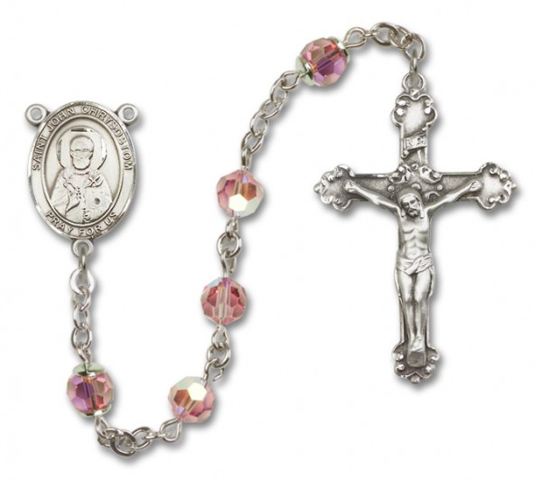 St.  John Chrysostom Sterling Silver Heirloom Rosary Fancy Crucifix - Light Rose