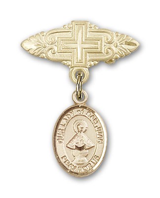 Pin Badge with Our Lady of San Juan Charm and Badge Pin with Cross - 14K Solid Gold