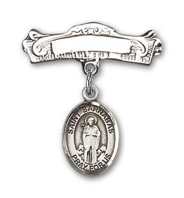 Pin Badge with St. Barnabas Charm and Arched Polished Engravable Badge Pin - Silver tone