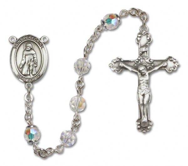St. Peregrine Laziosi Sterling Silver Heirloom Rosary Fancy Crucifix - Crystal