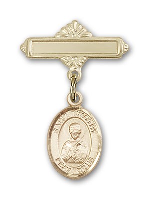 Pin Badge with St. Timothy Charm and Polished Engravable Badge Pin - Gold Tone
