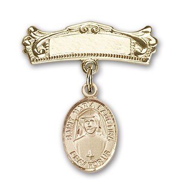 Pin Badge with St. Maria Faustina Charm and Arched Polished Engravable Badge Pin - Gold Tone