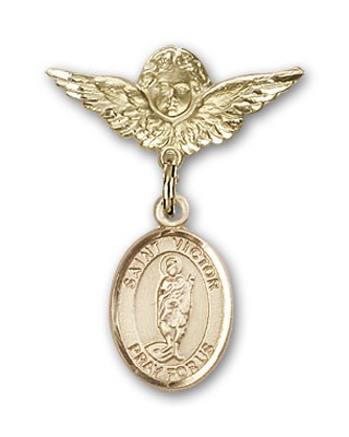 Pin Badge with St. Victor of Marseilles Charm and Angel with Smaller Wings Badge Pin - Gold Tone