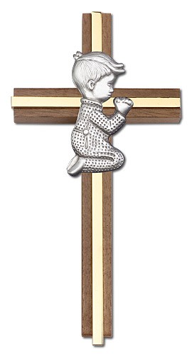 Praying Boy Cross in Walnut 6&quot; with Metal Inlay - Two-Tone Gold