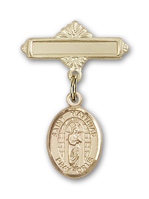Pin Badge with St. Matthias the Apostle Charm and Polished Engravable Badge Pin - 14K Solid Gold