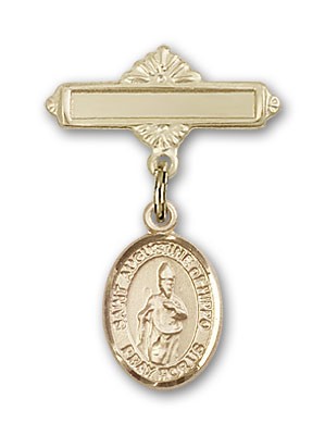 Pin Badge with St. Augustine of Hippo Charm and Polished Engravable Badge Pin - 14K Solid Gold
