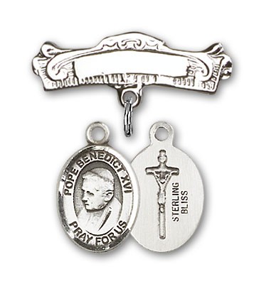 Pin Badge with Pope Benedict XVI Charm and Arched Polished Engravable Badge Pin - Silver tone