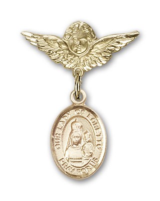 Pin Badge with Our Lady of Loretto Charm and Angel with Smaller Wings Badge Pin - 14K Solid Gold