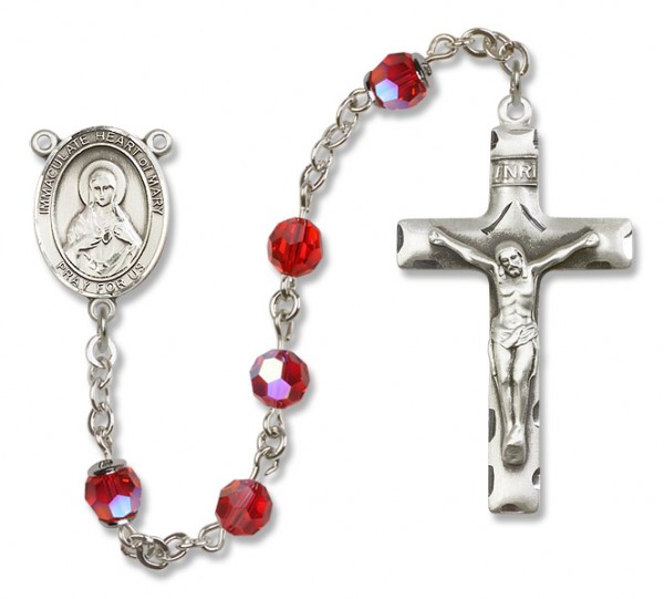 Immaculate Heart of Mary Sterling Silver Heirloom Rosary Squared Crucifix - Ruby Red